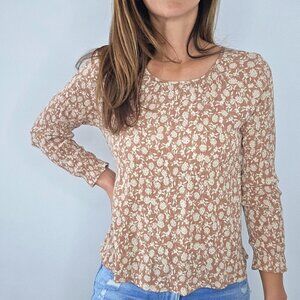 Cozy Casual Floral Long Sleeve Top Brown & Cream Size Small